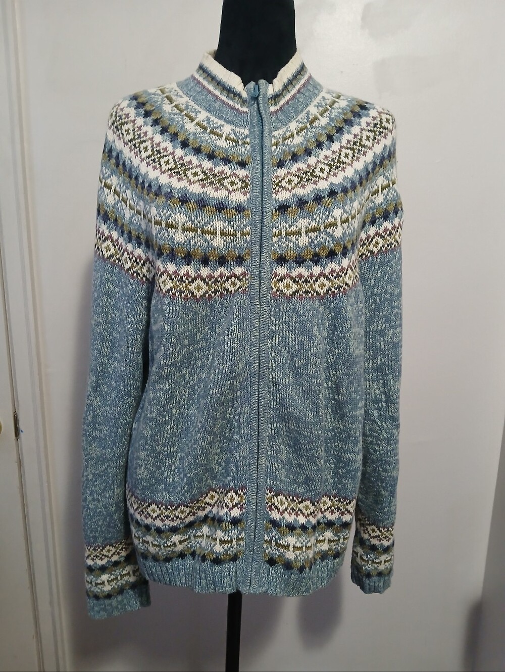 Tiara International Blue Nordic Fair Isle Full Zip Mockneck Cardigan Sweater XL